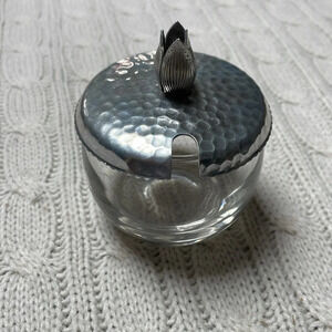 Vintage MCM Hammered Aluminum And Glass Jelly Jar With Lid with flowering knob